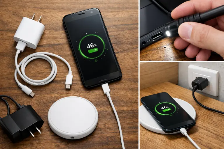 Phone charging diagnostic steps on wooden surface